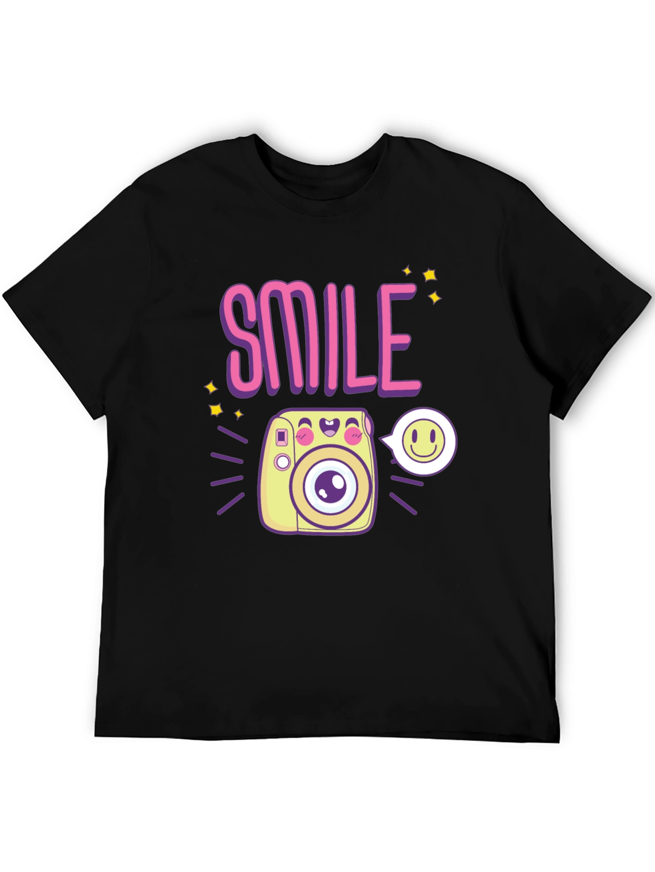 Smile Camera Graphic Tee - Trendy Casual Black T-Shirt