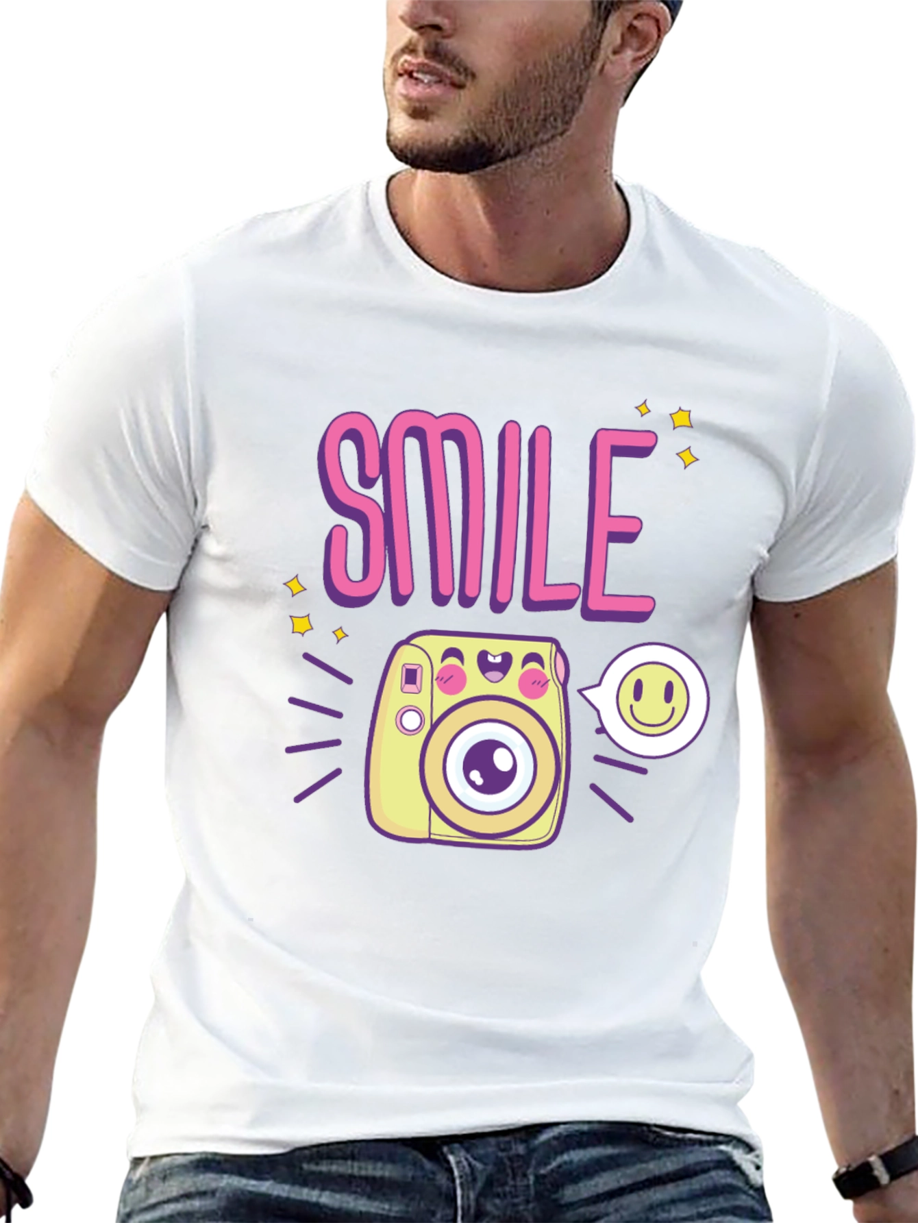 Smile Camera Graphic Tee - Trendy Casual Black T-Shirt