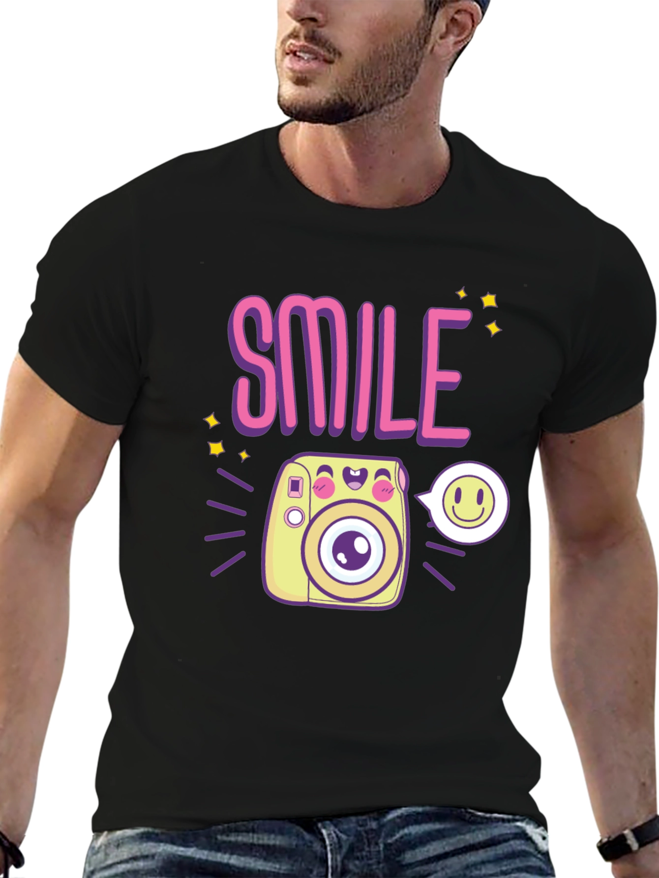 Smile Camera Graphic Tee - Trendy Casual Black T-Shirt