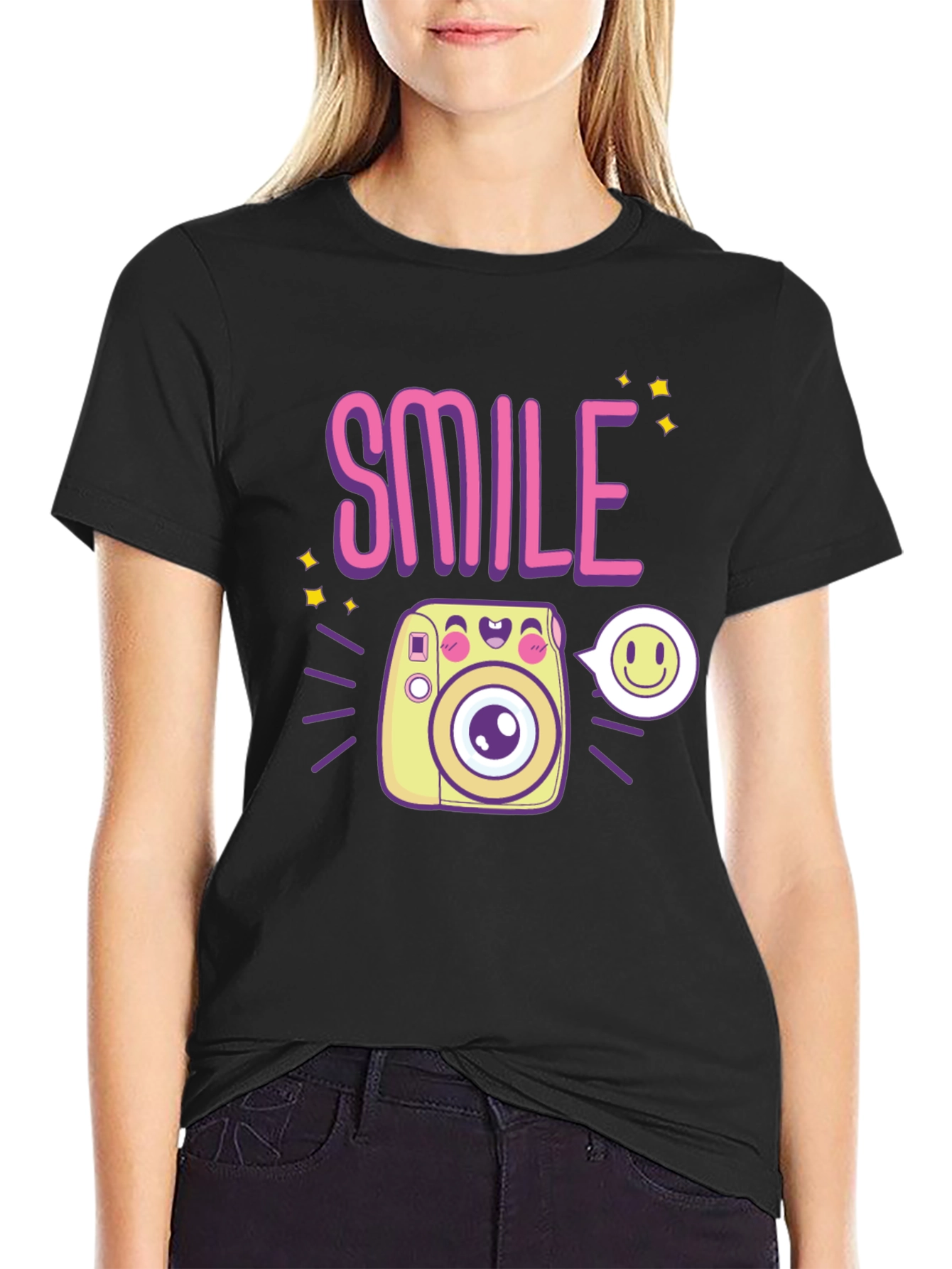 Smile Camera Graphic Tee - Trendy Casual Black T-Shirt