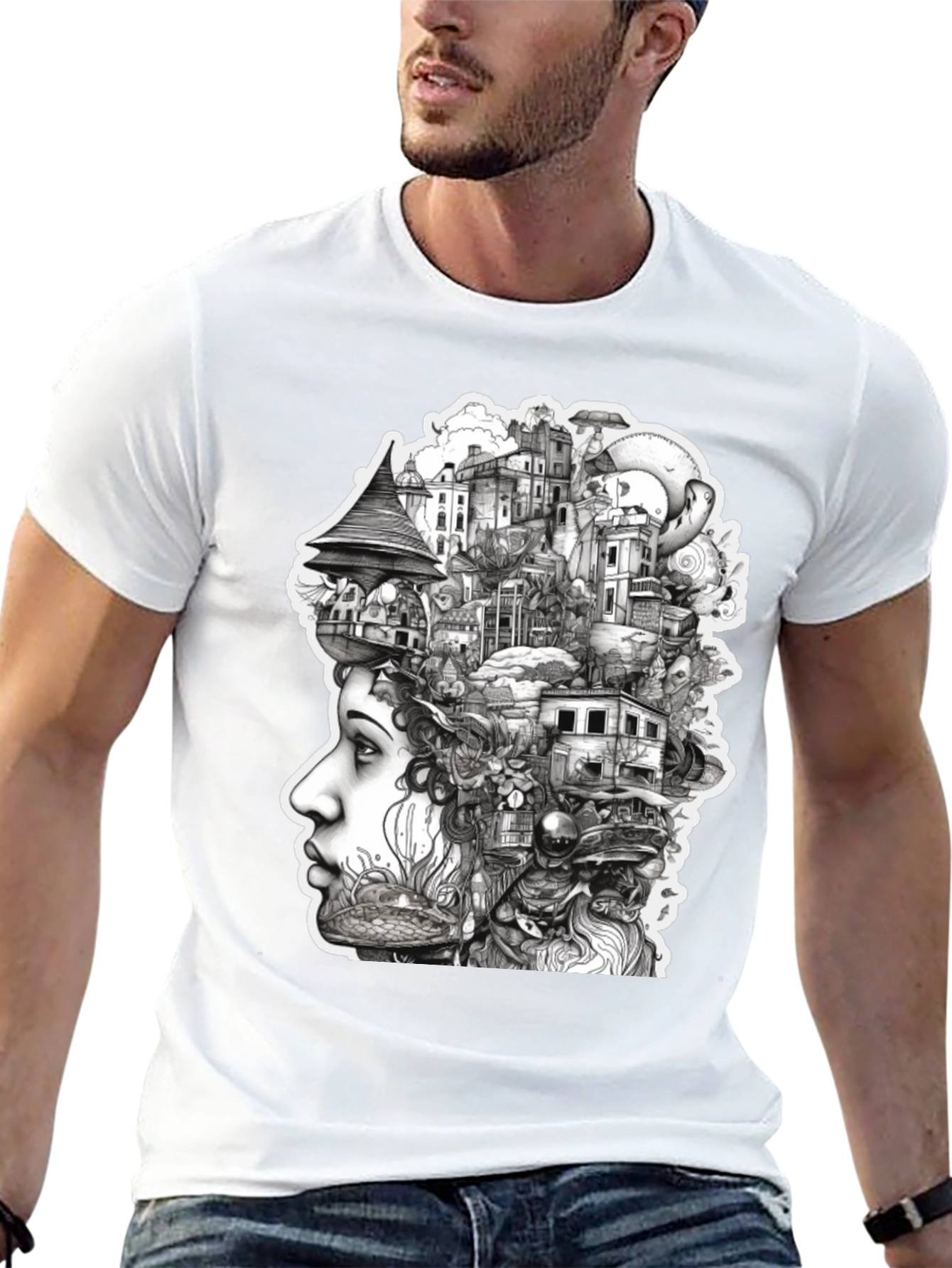 Surreal Cityscape Head T-Shirt - Unique Art Tee