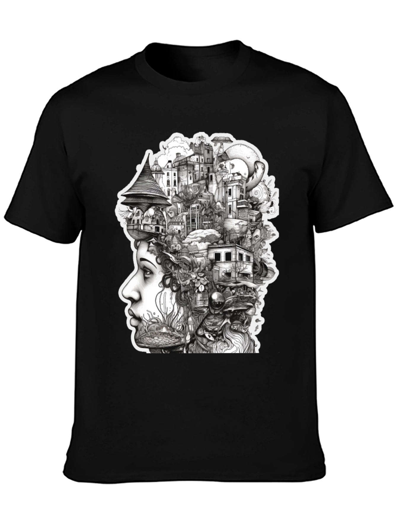 Surreal Cityscape Head T-Shirt - Unique Art Tee