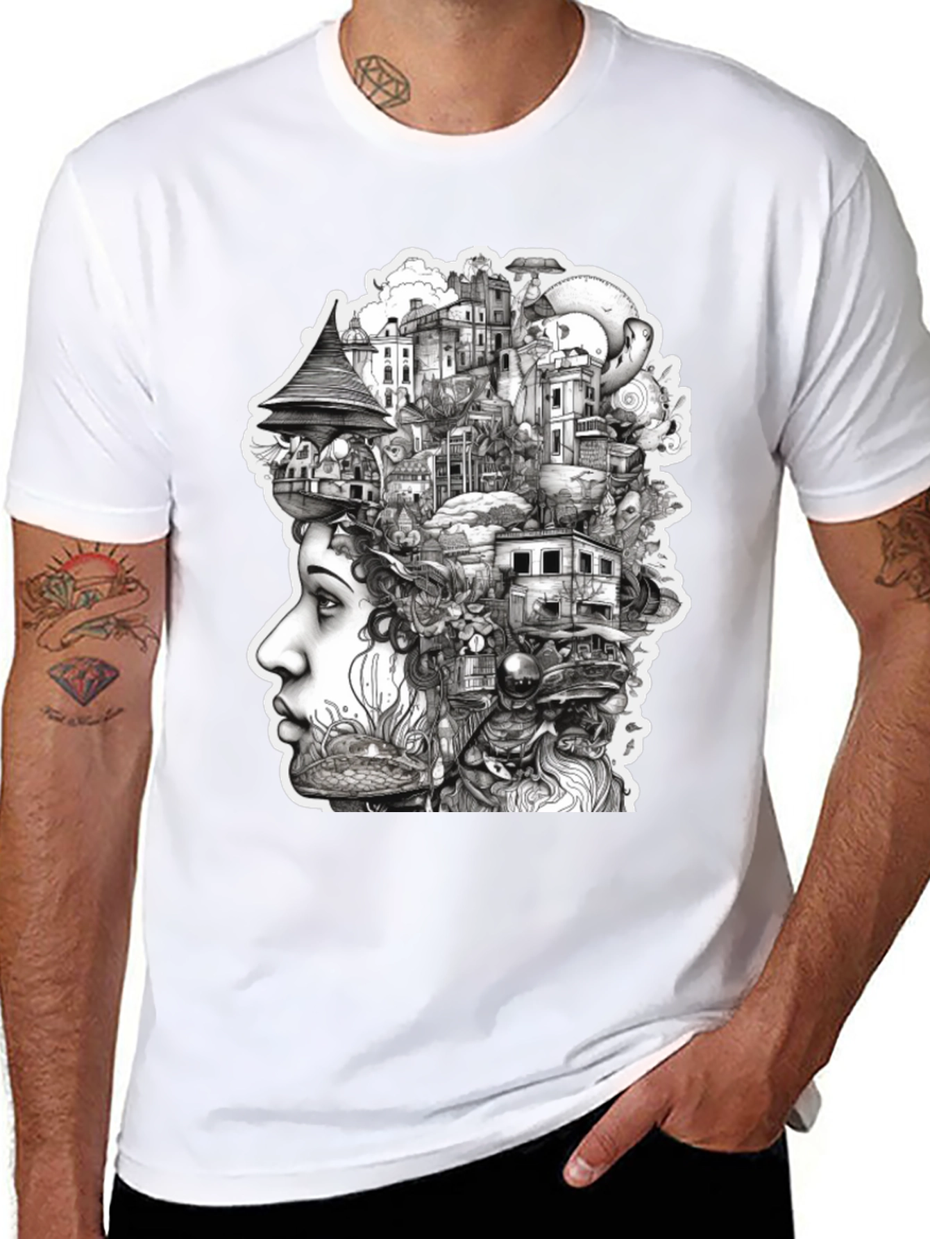 Surreal Cityscape Head T-Shirt - Unique Art Tee