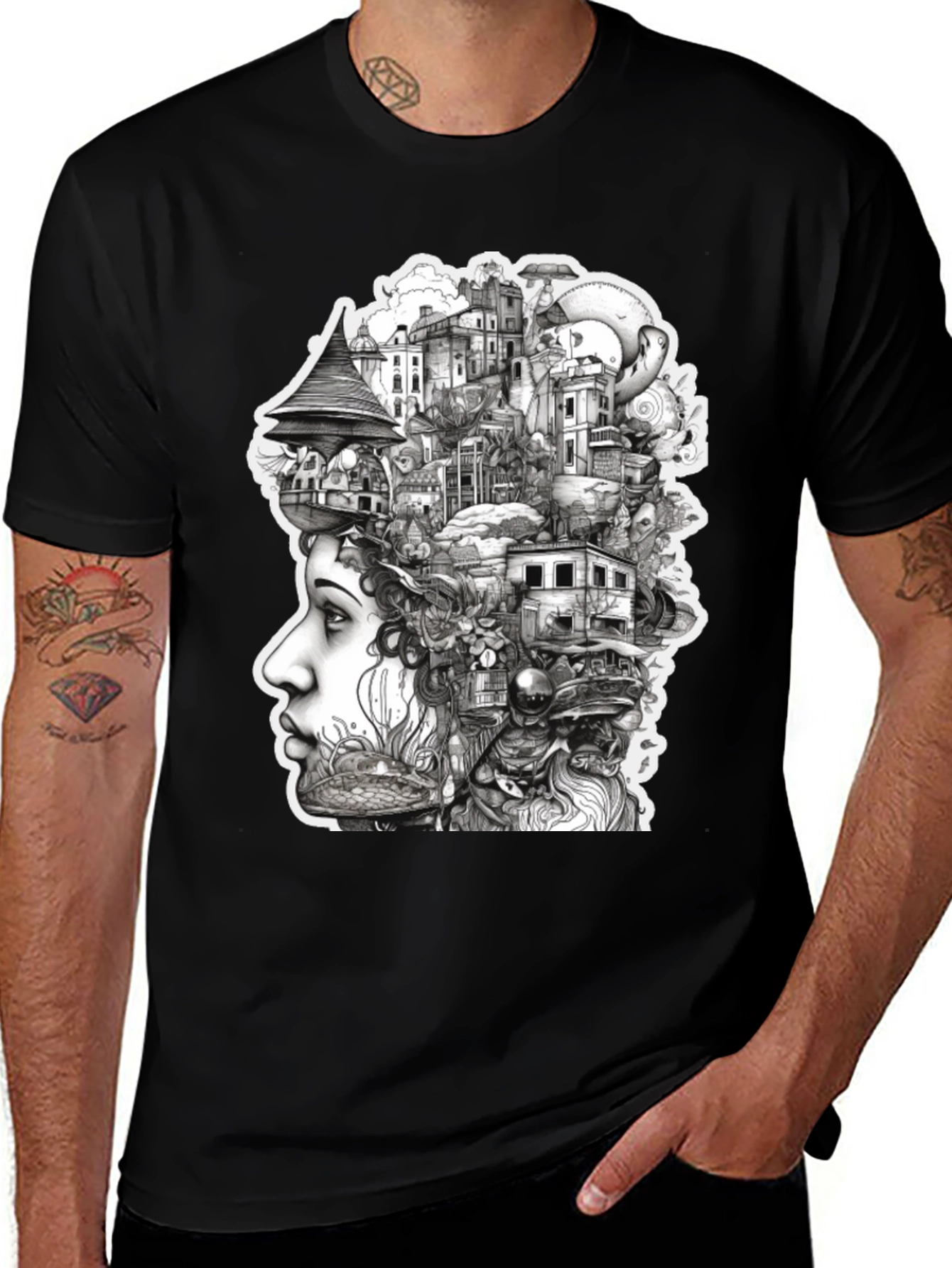 Surreal Cityscape Head T-Shirt - Unique Art Tee