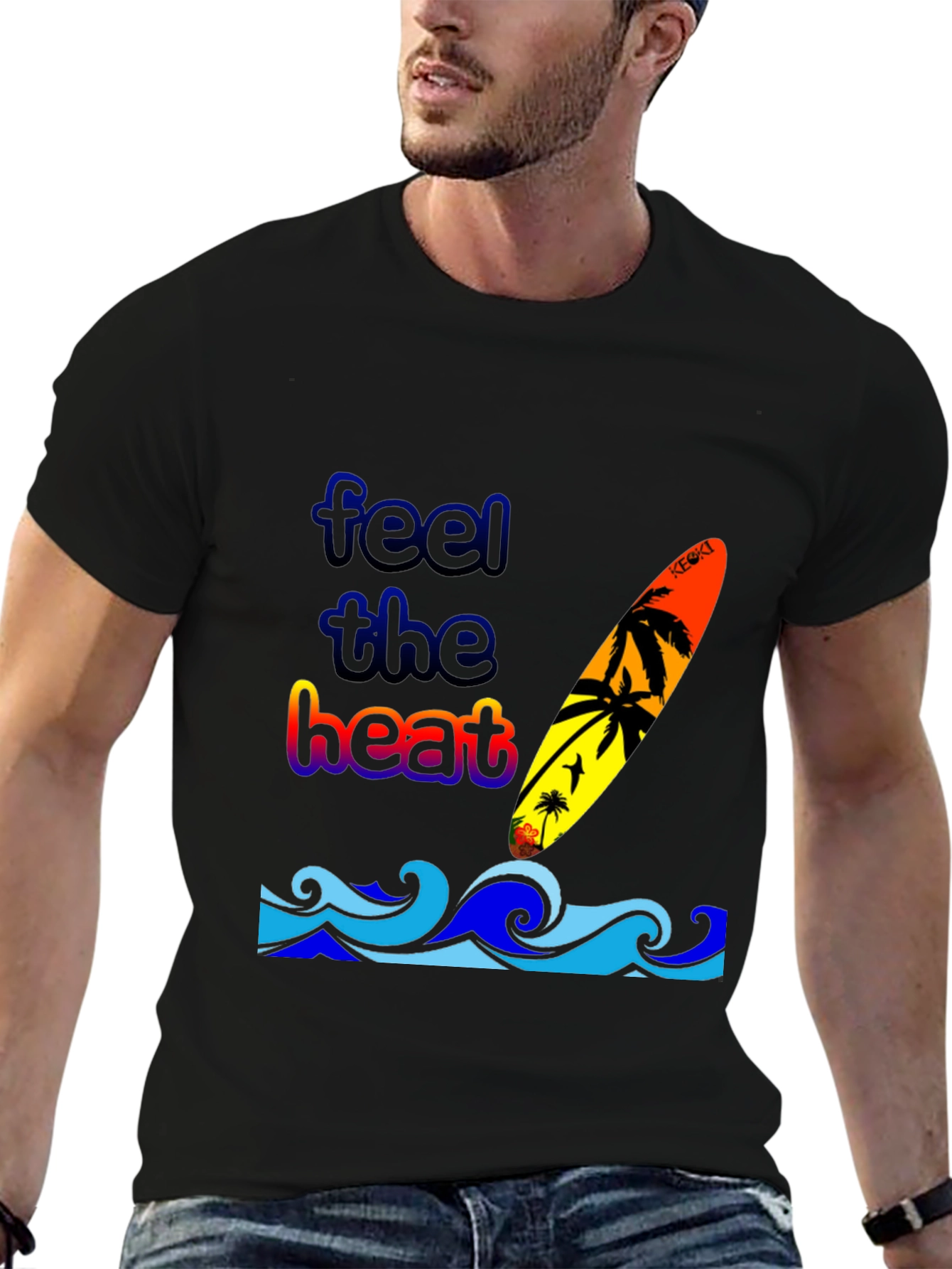 Feel the Heat Surfboard Graphic T-Shirt - Black