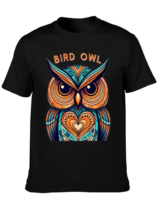 Abstract Bird Owl Graphic Tee - Stylish Mens Black T-Shirt