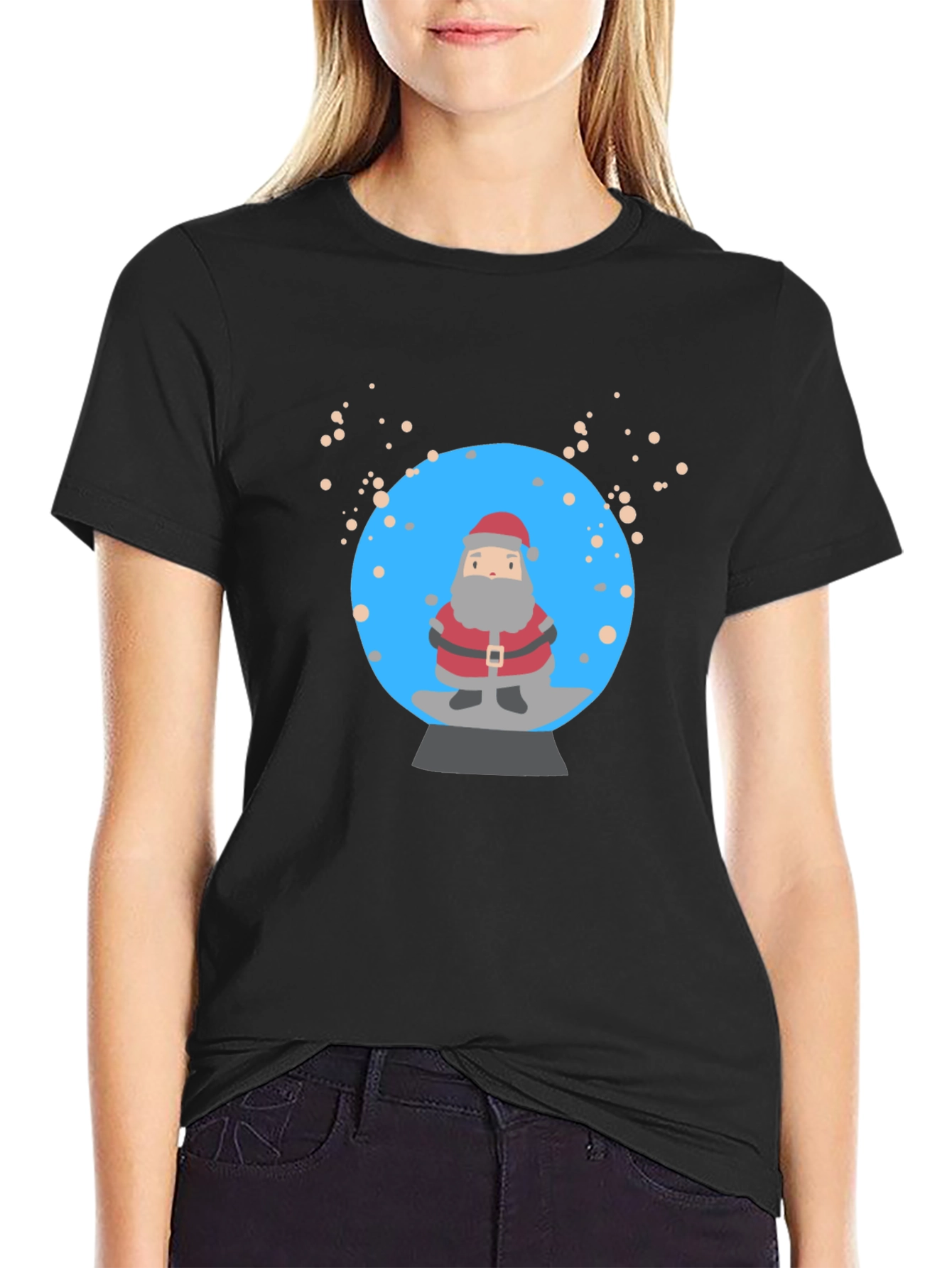 Santa Snow Globe Graphic Tee - Black Cotton T-Shirt