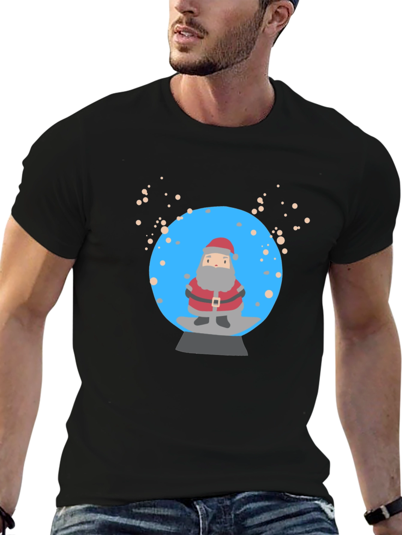 Santa Snow Globe Graphic Tee - Black Cotton T-Shirt